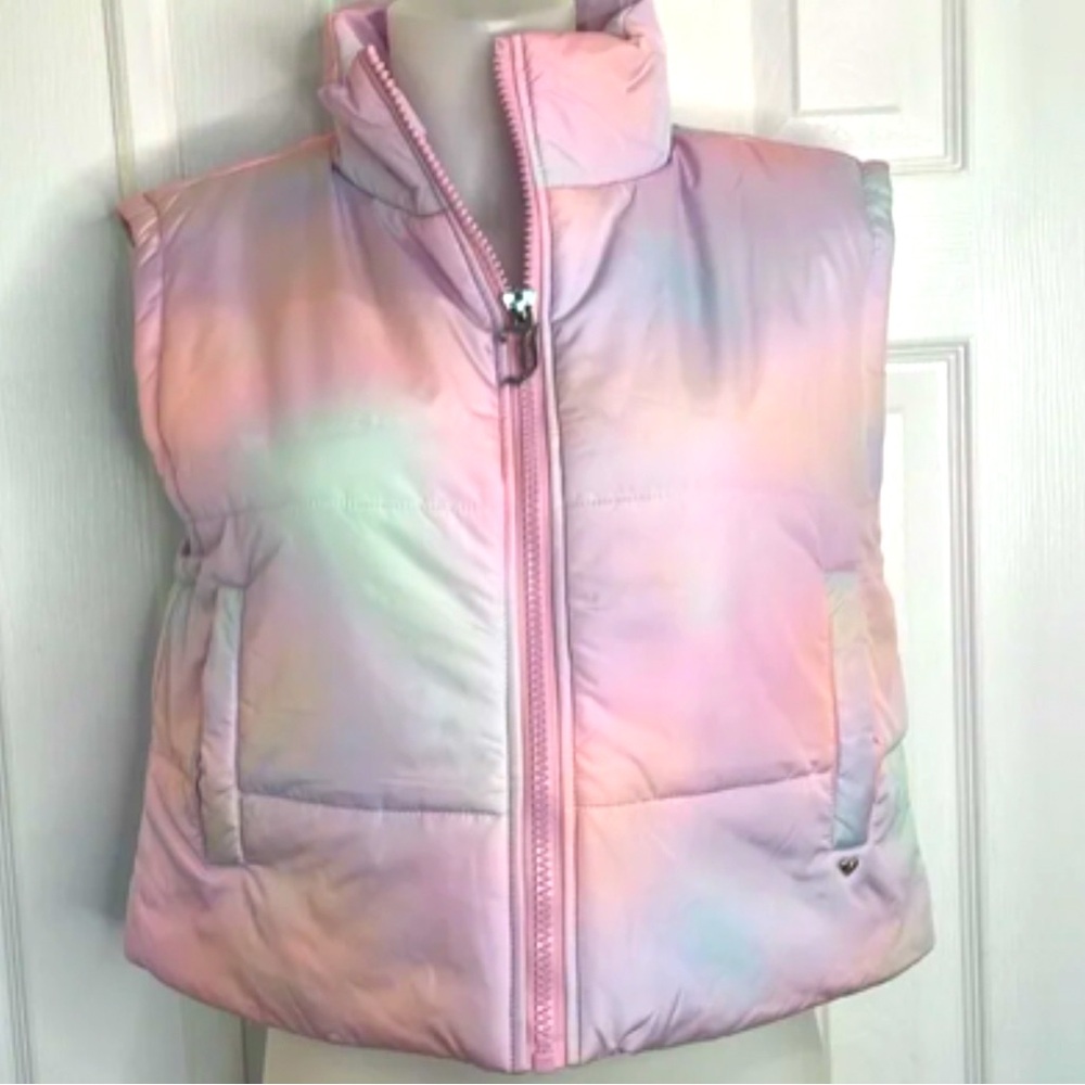 JUICY COUTURE RAINBOW CLOUD CROPPED PUFFER VEST JACKET PINKS WHITE GREENS SZ XL